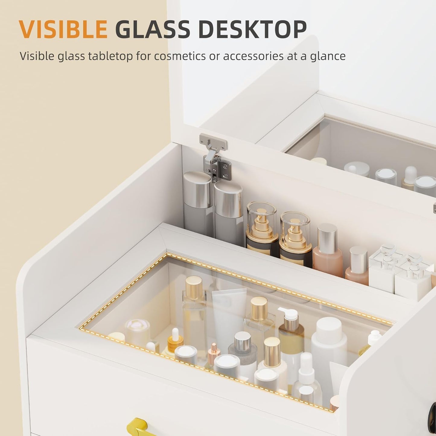 Gurexl 3 in 1 Vanity Desk with Flip Top Mirror,Small Make Up Vanity Set with Visible Glass Desktop,Compact Makeup Vanity with 3 Drawers,Cushioned Stool,Dressing Table for Bedroom