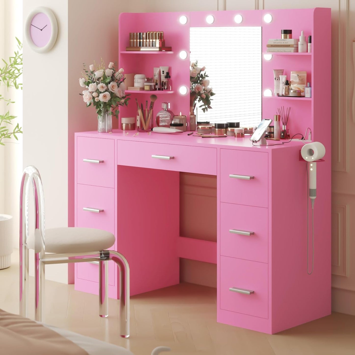 YESHOMY Vanity Desk with Mirror, Power Outlet and 10 Lights, Makeup Table with 7 Drawers, 3 Color Modes Available for Bedroom, White