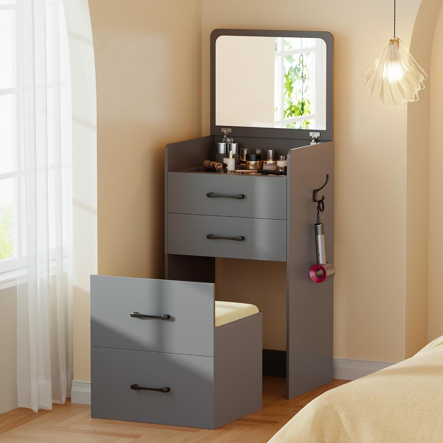 Gurexl 3 in 1 Vanity Desk with Flip Top Mirror,Small Make Up Vanity Set with Visible Glass Desktop,Compact Makeup Vanity with 3 Drawers,Cushioned Stool,Dressing Table for Bedroom