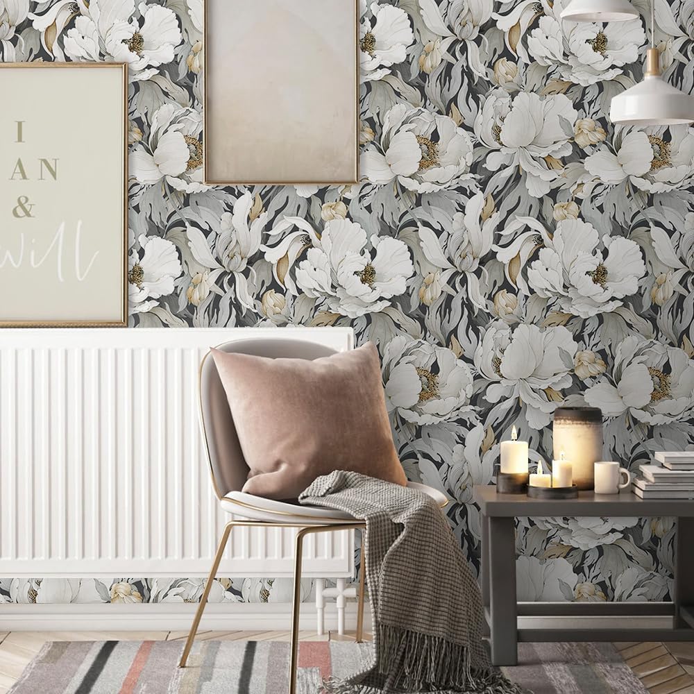 White Poppies Floral Modern Grey Peonies Flowers Peel and Stick Wallpaper Self Adhesive Removable Easy Peel Off Stick on Wall Paper for Bedroom Renter