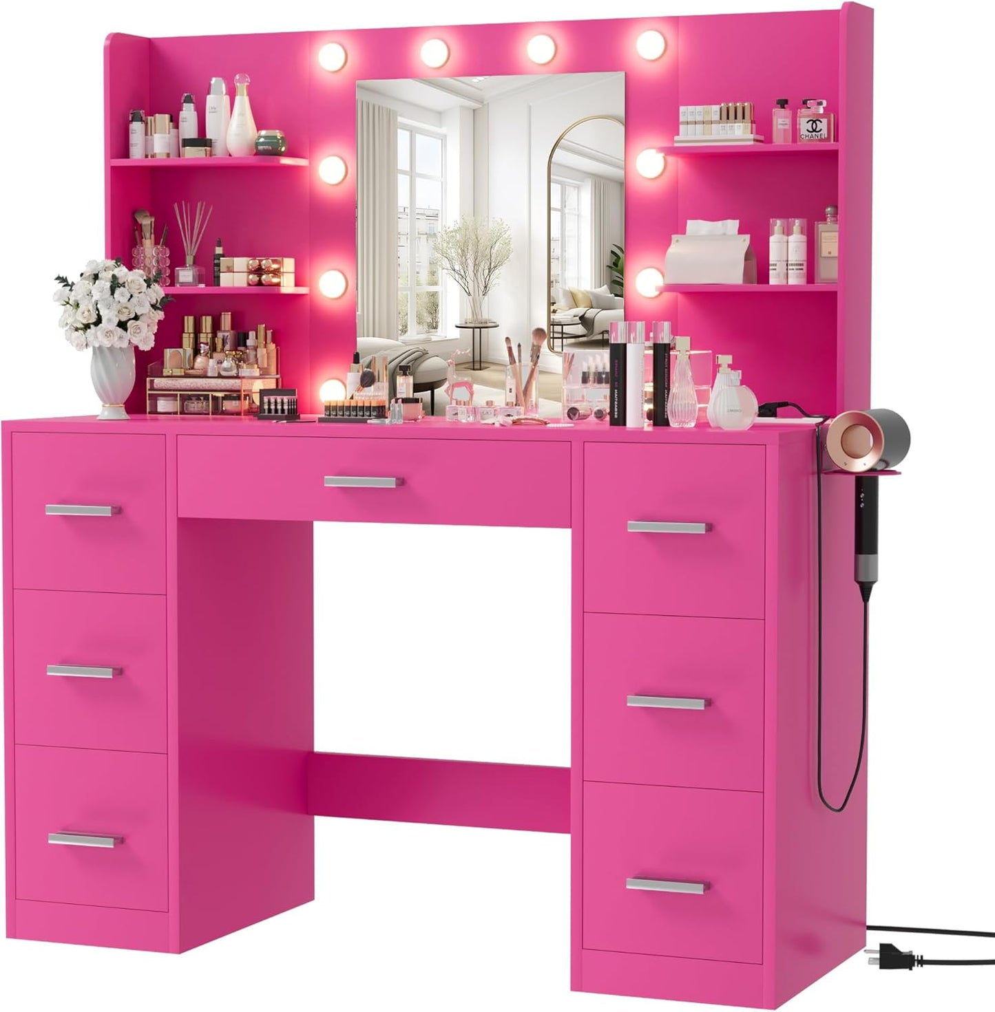 Furmax Vanity Desk with Mirror, LED Lights and Power Outlet Makeup Vanity Table with 7 Drawers and 6 Storage Shelves Dressing Table for Bedroom Dressing Room (White)