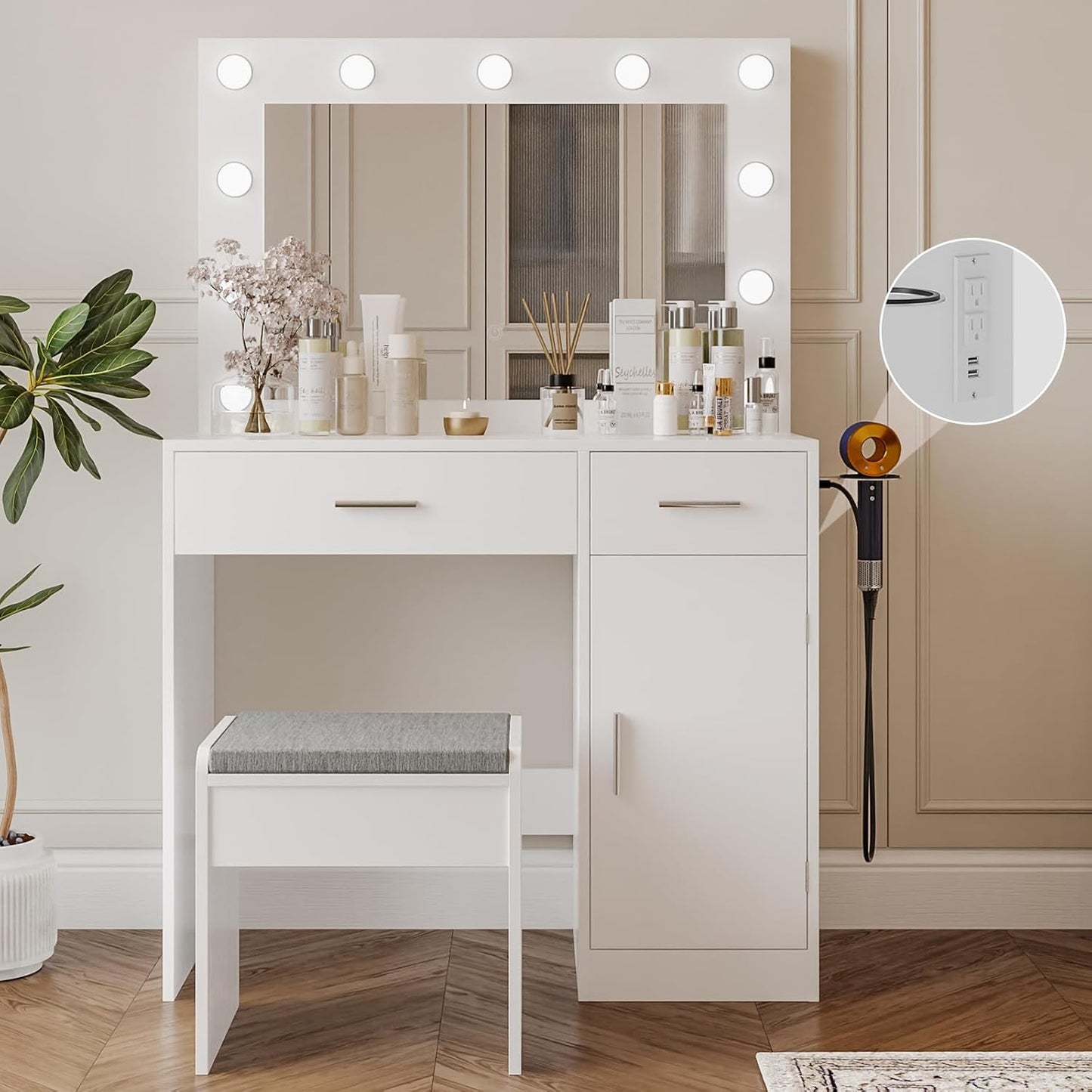 Vanity, Vanity Desk with Mirror, Large Drawer and Power Socket with 11 Light Bulbs and 3 Adjustable Lighting Modes, Vanity Table Ideal for Bedroom (Pink)