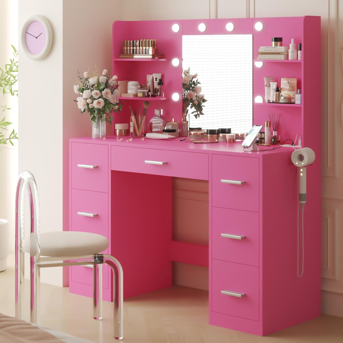 YESHOMY Vanity Desk with Mirror, Power Outlet and 10 Lights, Makeup Table with 7 Drawers, 3 Color Modes Available for Bedroom, White