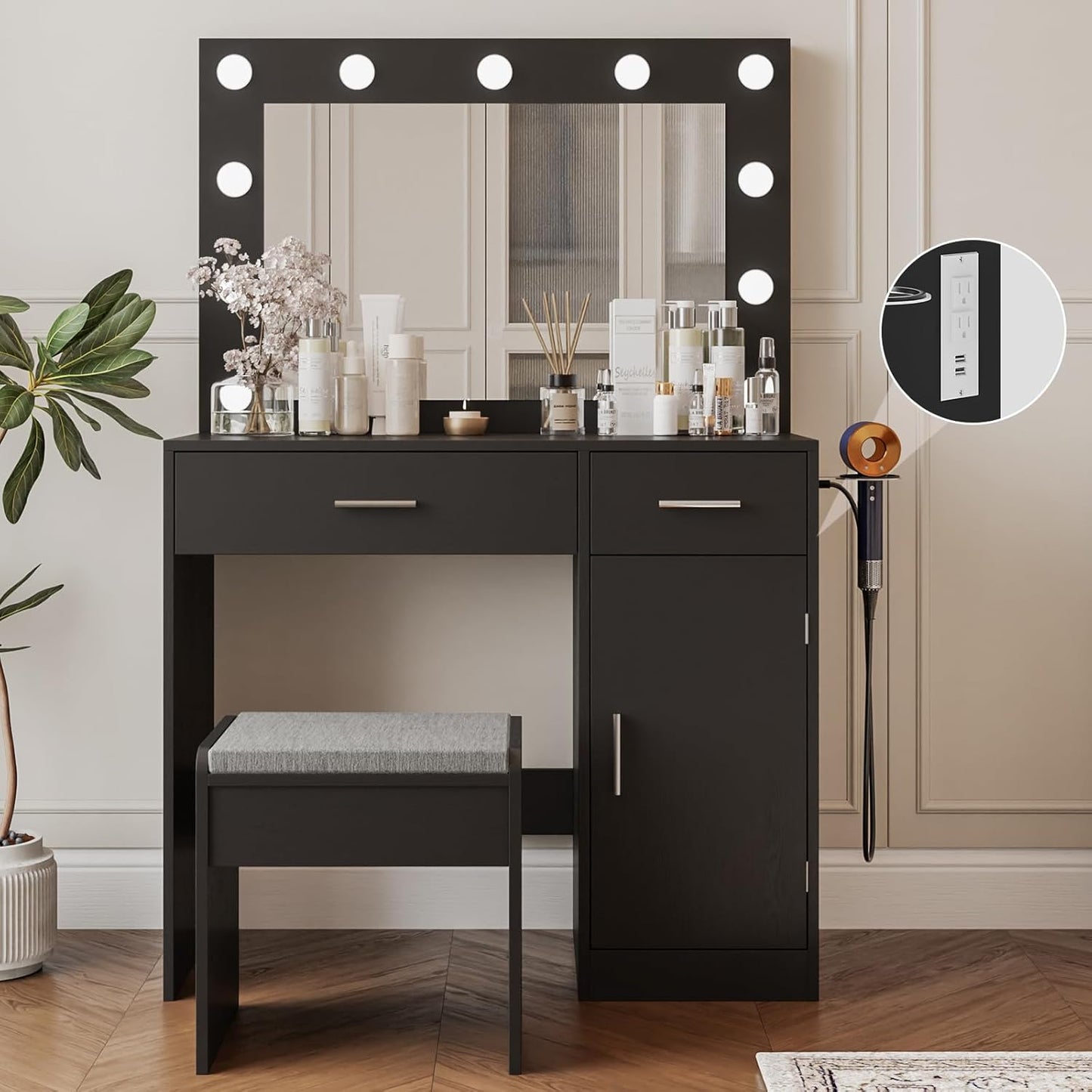Vanity, Vanity Desk with Mirror, Large Drawer and Power Socket with 11 Light Bulbs and 3 Adjustable Lighting Modes, Vanity Table Ideal for Bedroom (Pink)