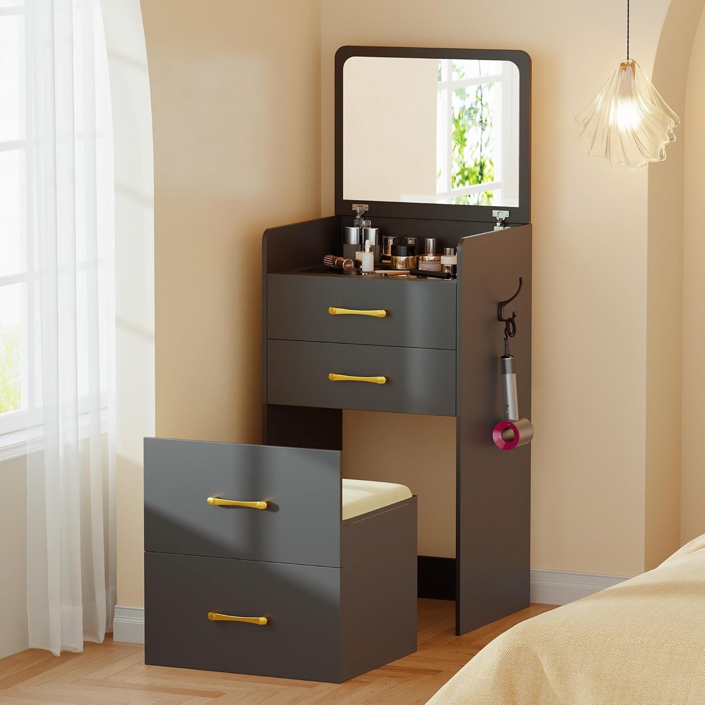 Gurexl 3 in 1 Vanity Desk with Flip Top Mirror,Small Make Up Vanity Set with Visible Glass Desktop,Compact Makeup Vanity with 3 Drawers,Cushioned Stool,Dressing Table for Bedroom