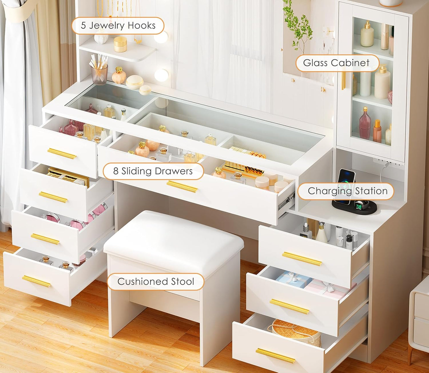ANWBROAD 49.2" Large Vanity Desk with Mirror and Lights White Makeup Vanity Desk with Glass Top and Power Outlet 8 Drawers Nightstand 5 Hooks Vanity Table with Stool for Bedroom Women Girls UBDT88W