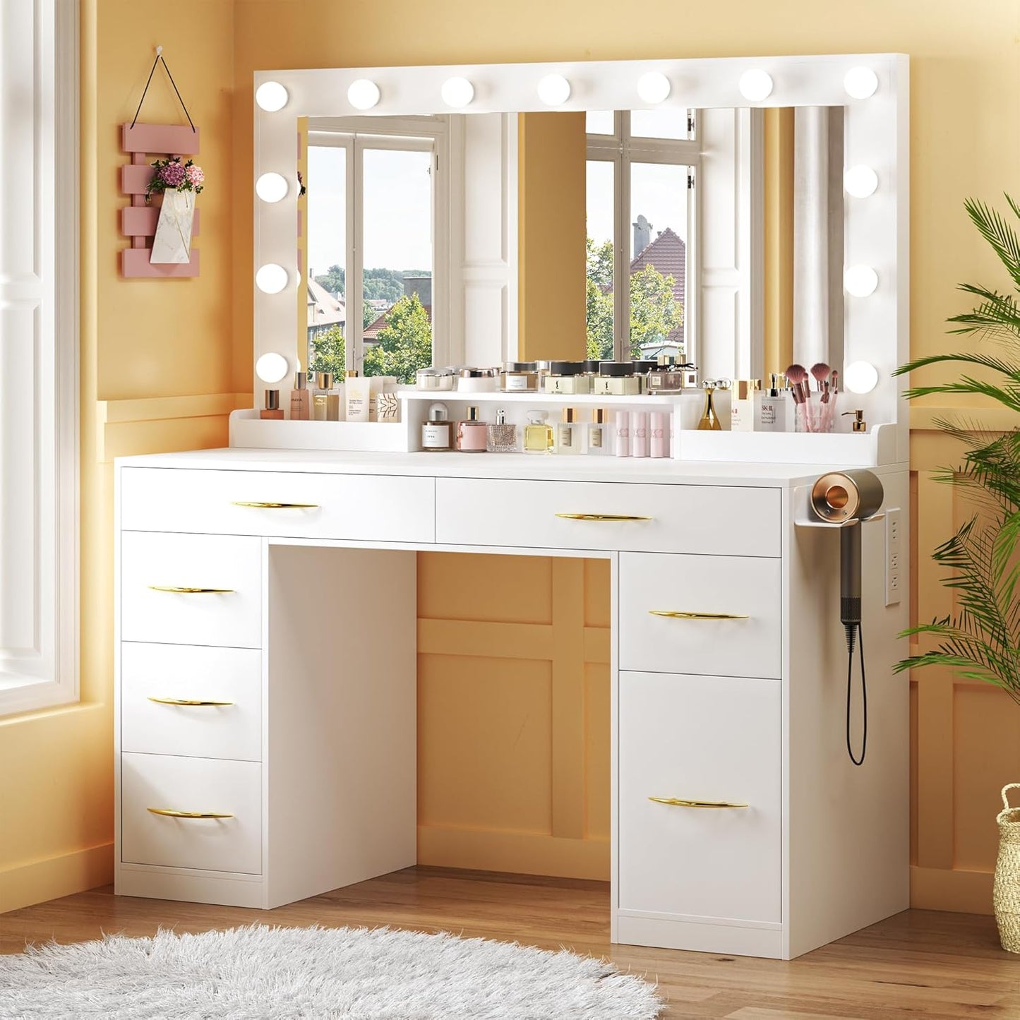 Vanity Desk with Large Mirror and Lights, 45.3in Makeup Vanity with Power Outlet 9 Drawers & Storage, 3 Lighting Color Adjustable, White Vanity Desk for Bedroom