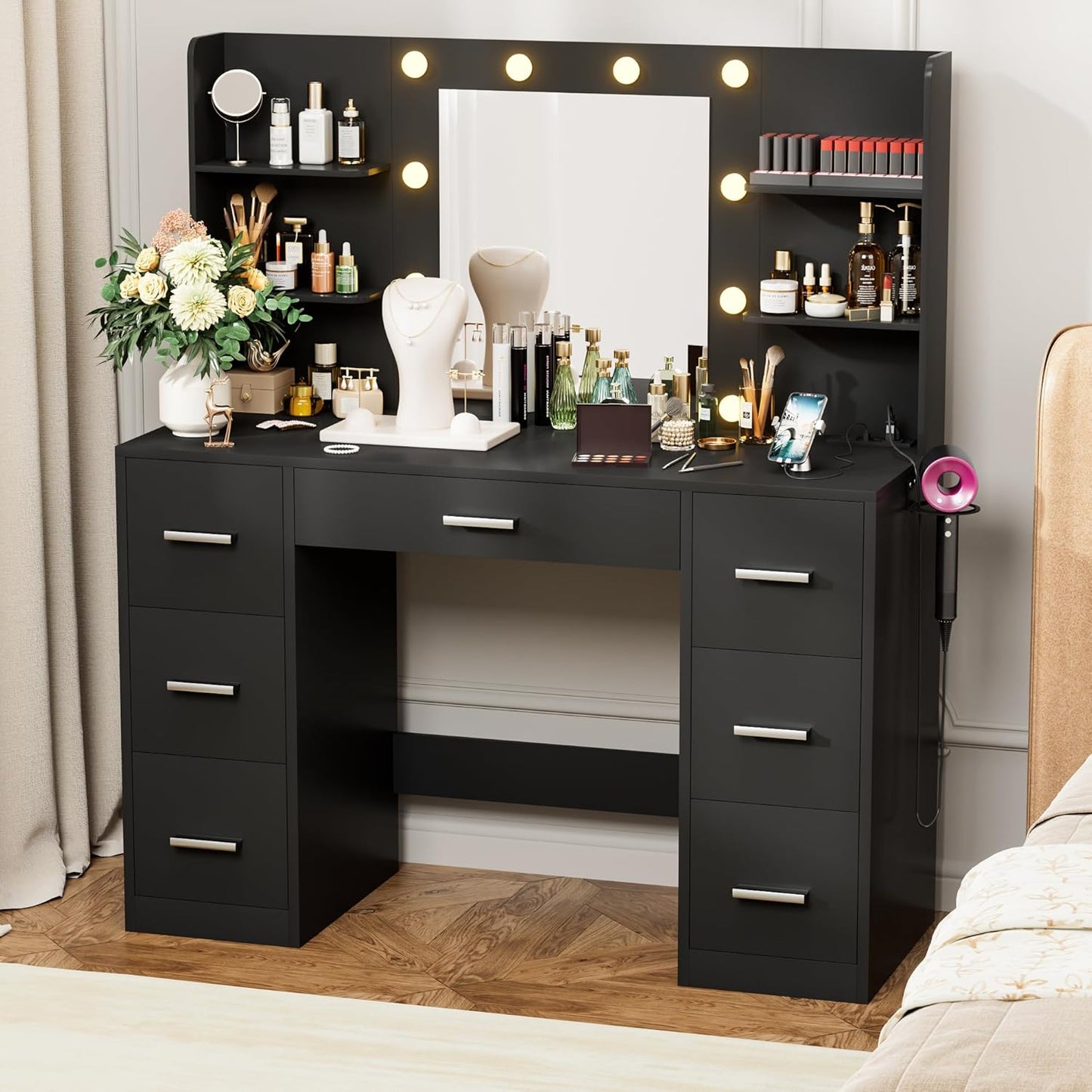 VICTONE Vanity Desk with LED Lighted Mirror&Power Outlet, 3 Model Lights Makeup Vanity Table with 7 Drawers and 6 Storage Shelves for Bedroom and Dressing Room (White)
