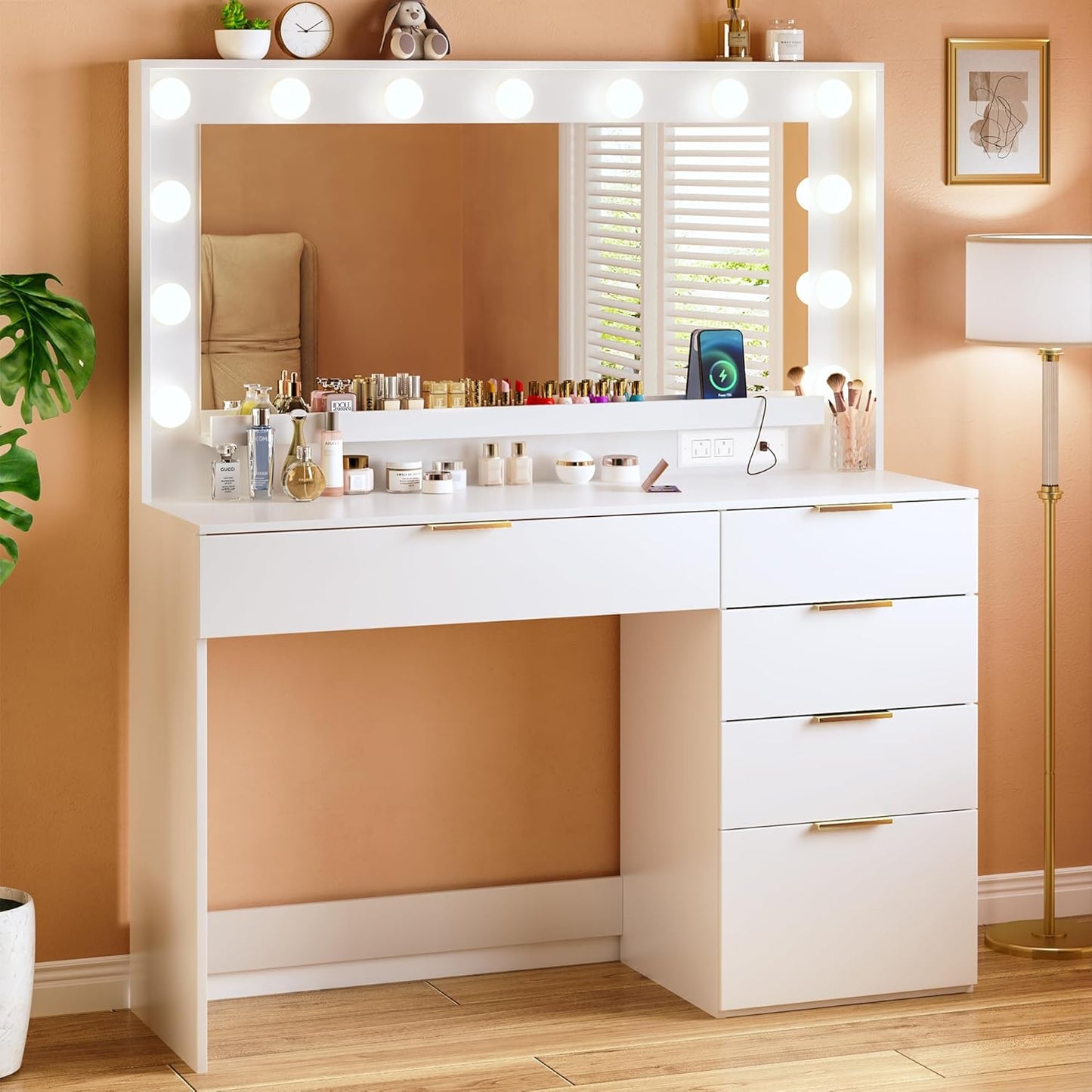 Vanity Desk with Large Mirror and Lights, 45.3in Makeup Vanity with Power Outlet 9 Drawers & Storage, 3 Lighting Color Adjustable, White Vanity Desk for Bedroom