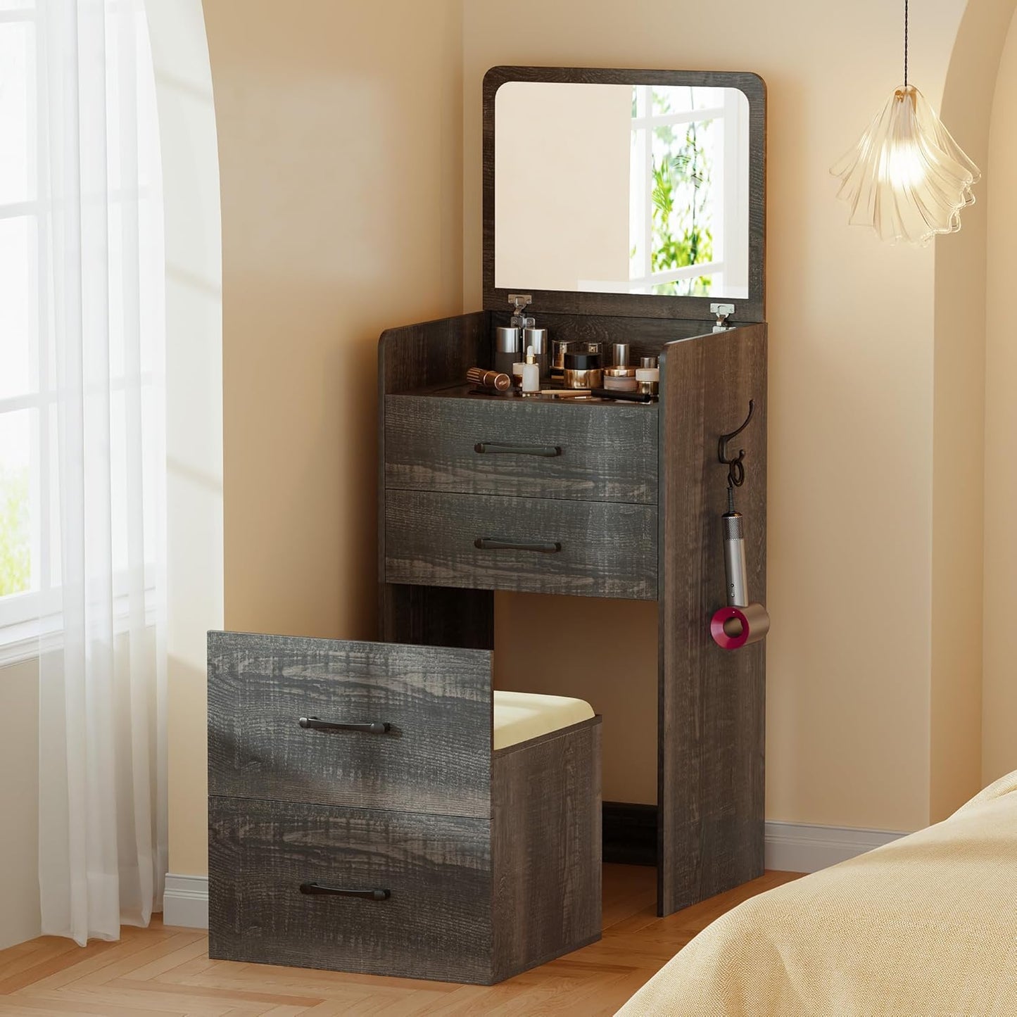 Gurexl 3 in 1 Vanity Desk with Flip Top Mirror,Small Make Up Vanity Set with Visible Glass Desktop,Compact Makeup Vanity with 3 Drawers,Cushioned Stool,Dressing Table for Bedroom