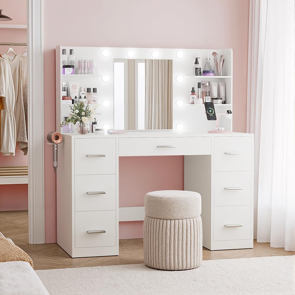 YESHOMY Vanity Desk with Mirror, Power Outlet and 10 Lights, Makeup Table with 7 Drawers, 3 Color Modes Available for Bedroom, Pure White