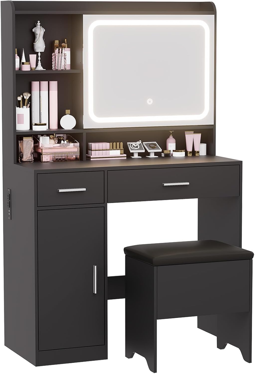 Vanity Desk with Sliding Mirror & Power Outlets - Dimmable LED Lighting, 4 Open Shelves, 2 Drawers, 1Storage Cabinet & Padded Stool - Ideal Bedroom Makeup Dressing Table （White）
