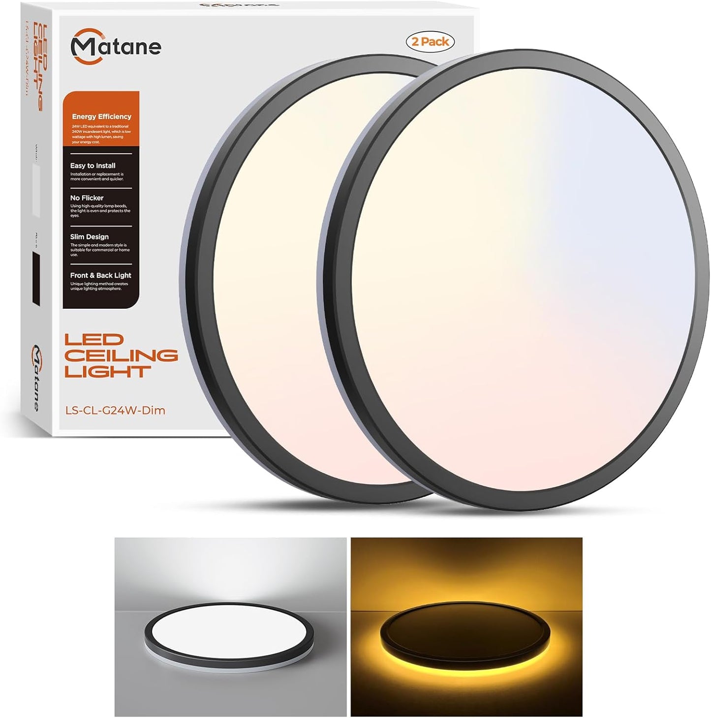 Matane 2Pack LED Flush Mount Ceiling Light Fixture with Night Light, 12inch 24W 2400LM 3000K/4000K/5000K Selectable, Dimmable LED Ceiling Lights for Bedroom, Dining Room, Kitchen, Round White