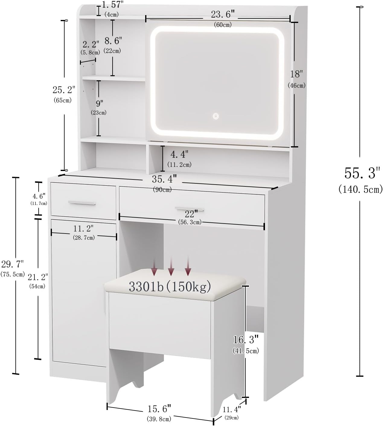 Vanity Desk with Sliding Mirror & Power Outlets - Dimmable LED Lighting, 4 Open Shelves, 2 Drawers, 1Storage Cabinet & Padded Stool - Ideal Bedroom Makeup Dressing Table （White）
