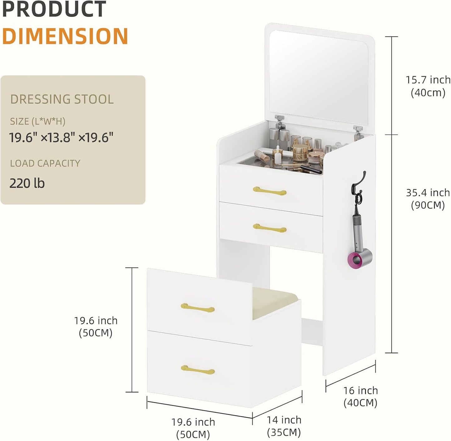 Gurexl 3 in 1 Vanity Desk with Flip Top Mirror,Small Make Up Vanity Set with Visible Glass Desktop,Compact Makeup Vanity with 3 Drawers,Cushioned Stool,Dressing Table for Bedroom