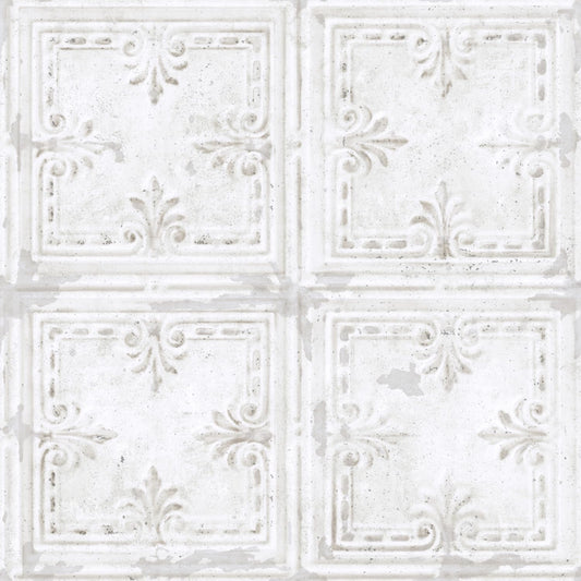 RoomMates RMK11209WP White Tin Tile Metallic Accent Peel and Stick Wallpaper
