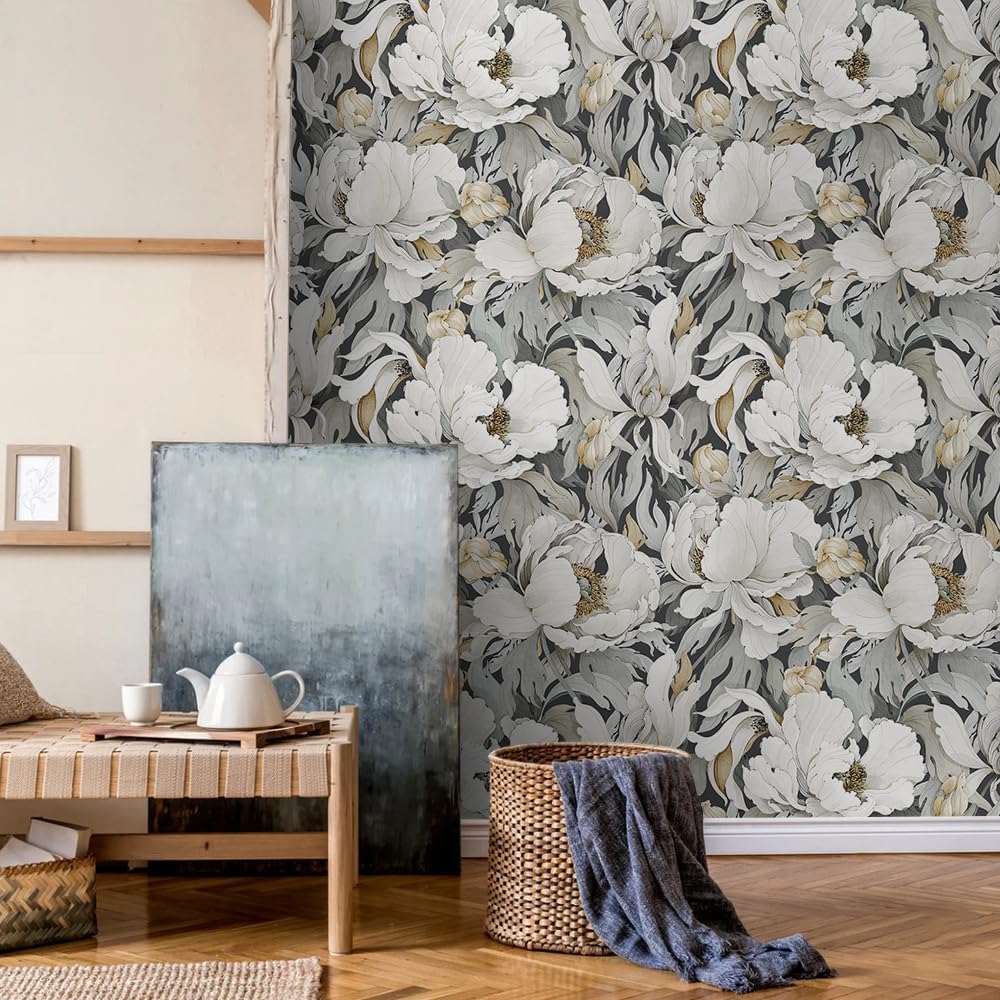 White Poppies Floral Modern Grey Peonies Flowers Peel and Stick Wallpaper Self Adhesive Removable Easy Peel Off Stick on Wall Paper for Bedroom Renter