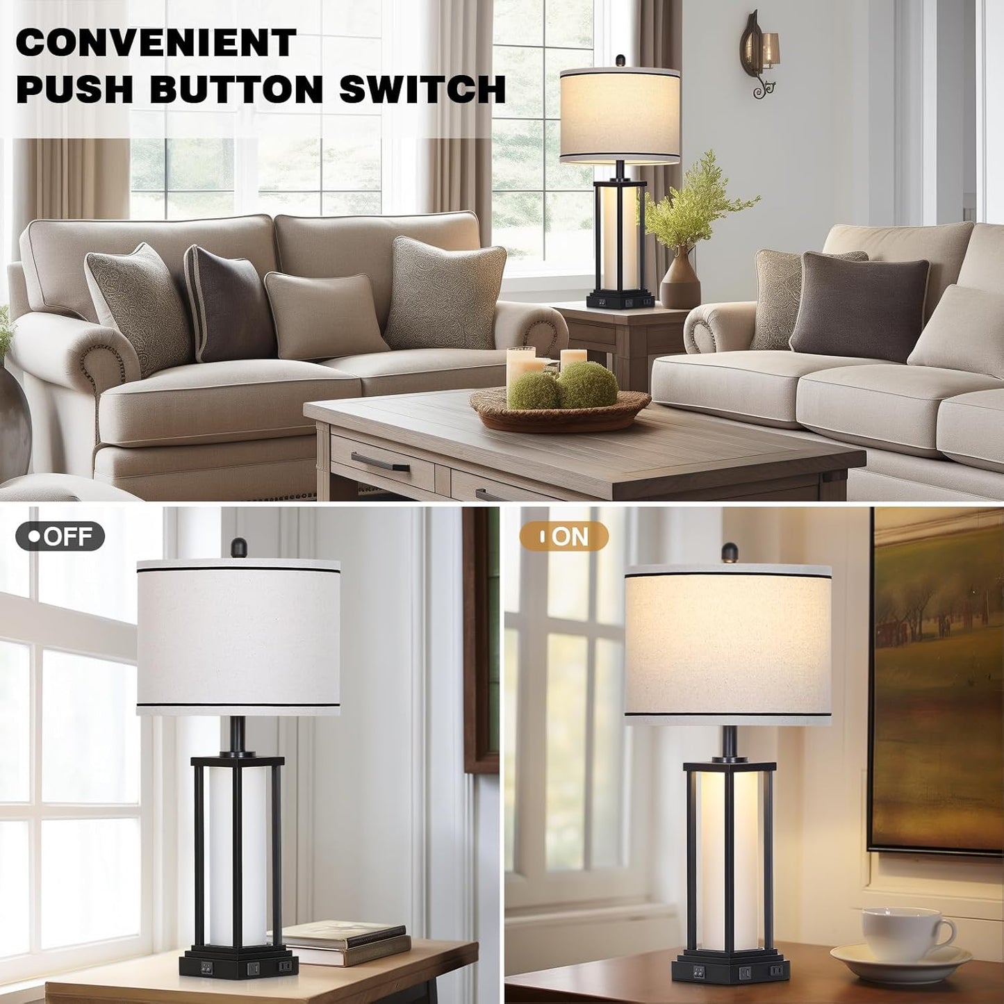 27" Tall Vintage Table Lamp Set of 2 with USB C+A & Outlet,Black Industrial End Table Lamp for Living Room,Farmhouse Rustic Bedside Lamps with Frosted Glass Night Light for Bedroom Nightstand,Black