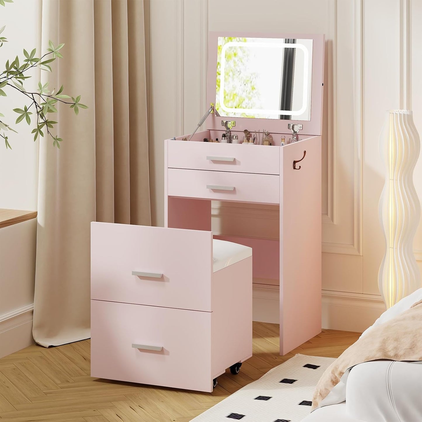3 in 1 Vanity Desk, Compact Vanity with 3 Drawers, Makeup Desk with Flip-up 3 Colors Lighting Mirror and Cushioned Stool, Small Vanities Nightstand Perfect for Bedroom, White
