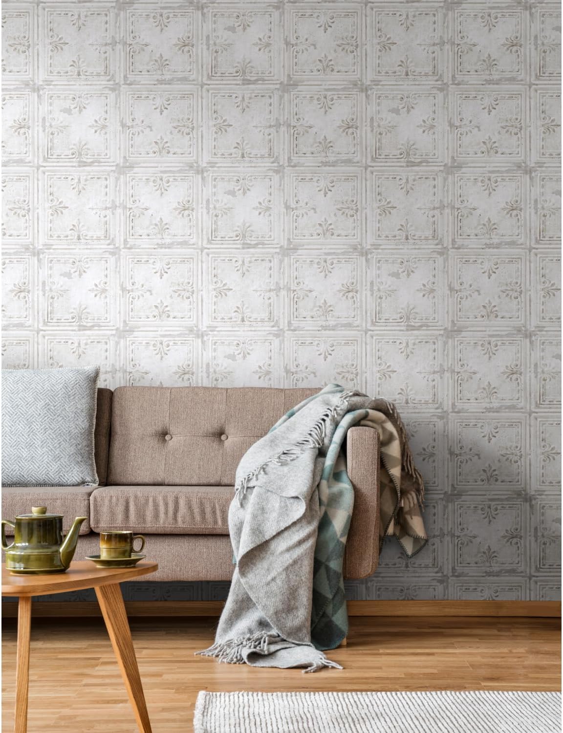 RoomMates RMK11209WP White Tin Tile Metallic Accent Peel and Stick Wallpaper