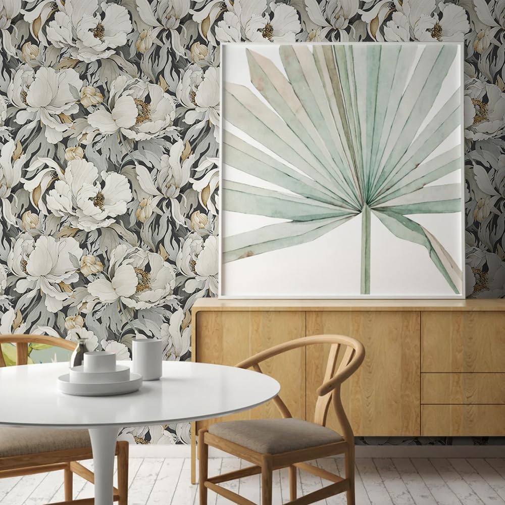 White Poppies Floral Modern Grey Peonies Flowers Peel and Stick Wallpaper Self Adhesive Removable Easy Peel Off Stick on Wall Paper for Bedroom Renter