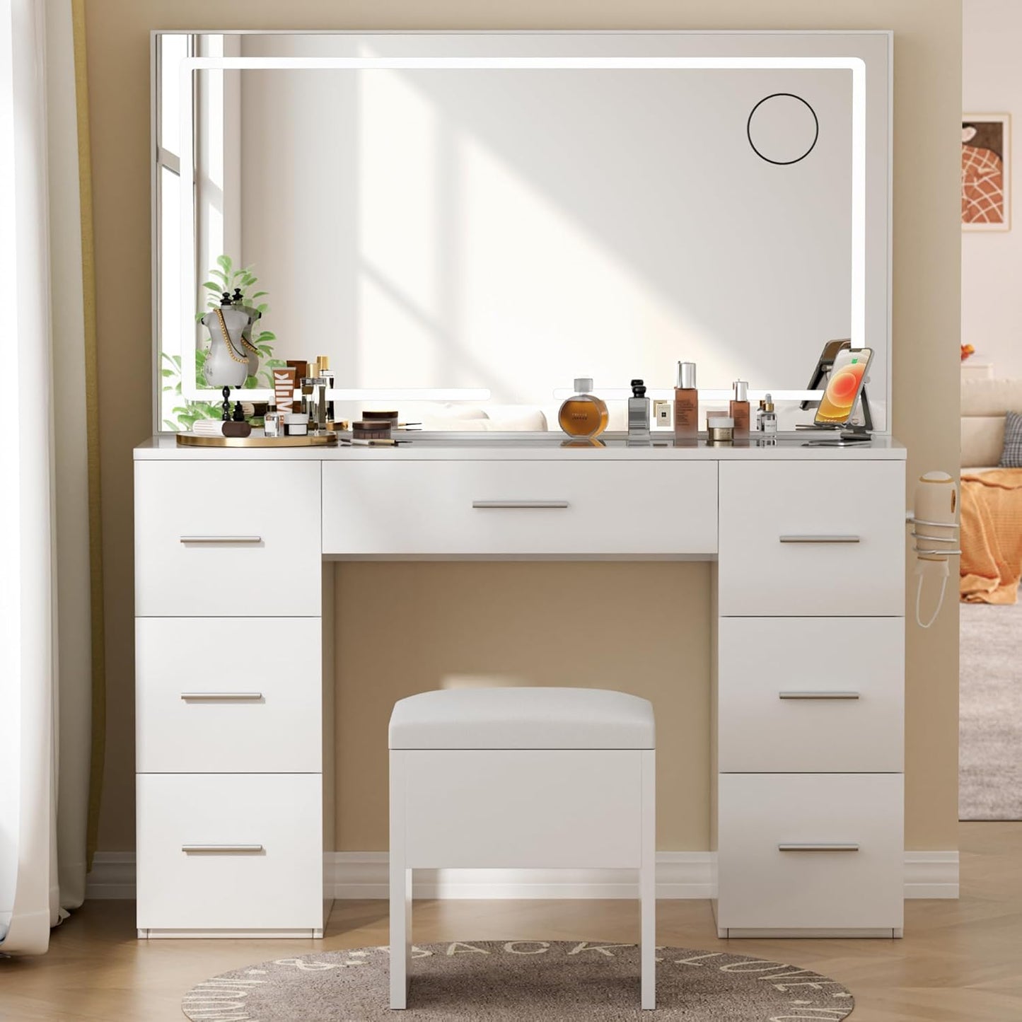 Makeup Vanity Desk with Power Outlet, 46'' Glass Top Vanity Set, 7 Drawers Vanity Table with Cushioned Stool, 3 Lighting Modes Brightness Adjustable,White