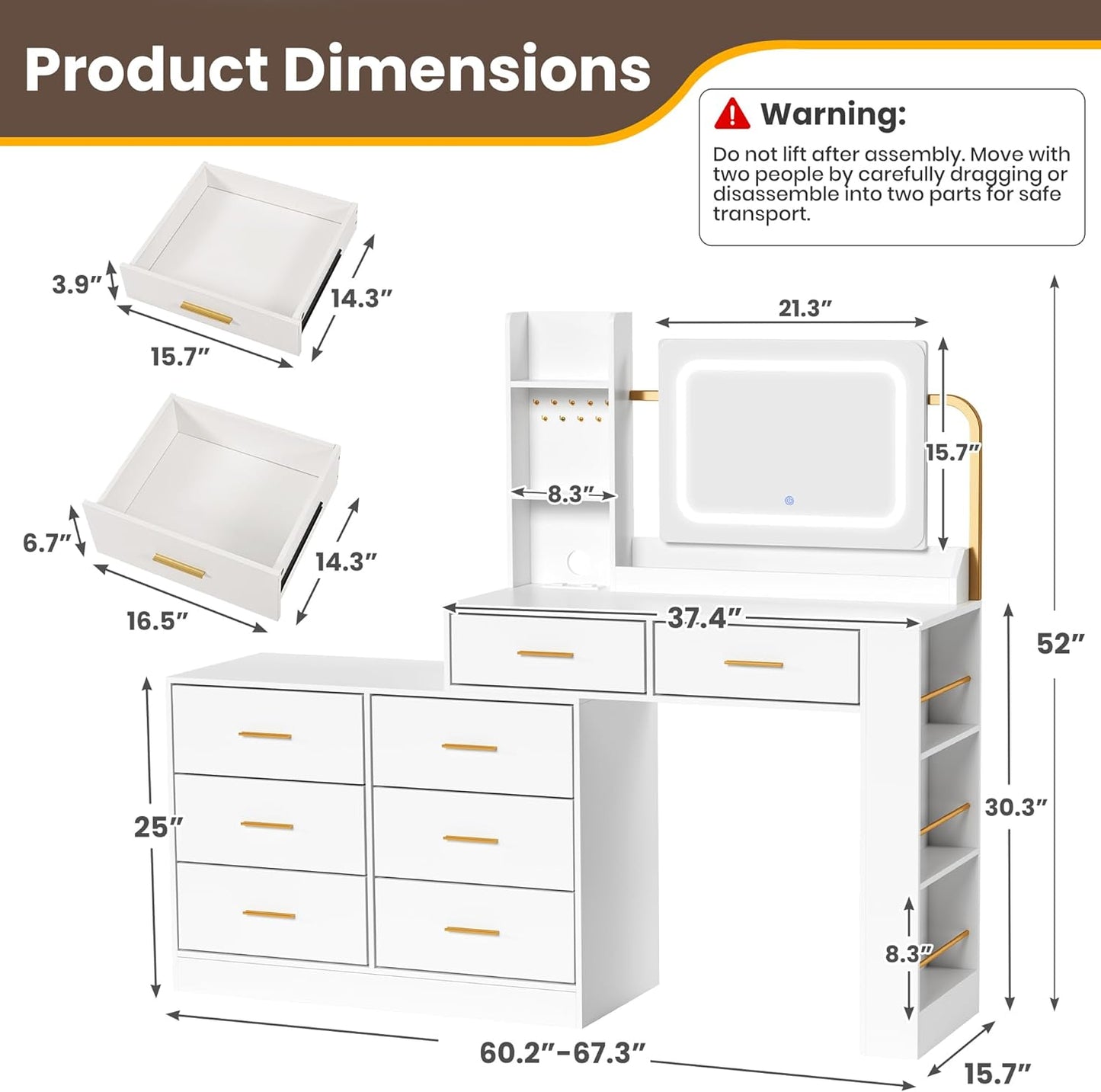 Pamapic 8 Drawers Makeup Vanity with Mirror and Lights, 15 Storage Vanity Desk with Power Outlet, Golden Handles Dresser with Mirror,Adjustable Width, White Dressing Table