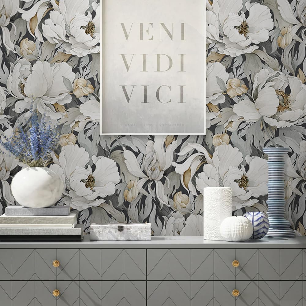 White Poppies Floral Modern Grey Peonies Flowers Peel and Stick Wallpaper Self Adhesive Removable Easy Peel Off Stick on Wall Paper for Bedroom Renter