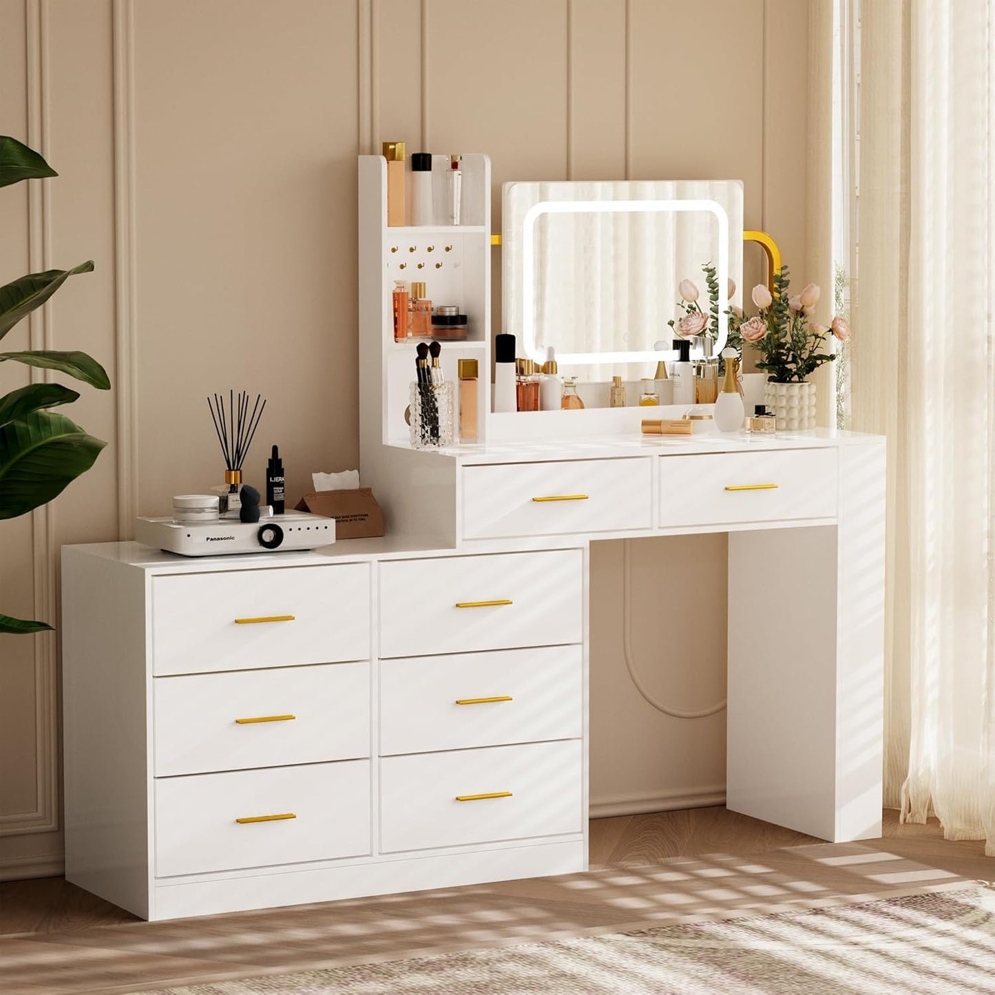 Pamapic 8 Drawers Makeup Vanity with Mirror and Lights, 15 Storage Vanity Desk with Power Outlet, Golden Handles Dresser with Mirror,Adjustable Width, White Dressing Table