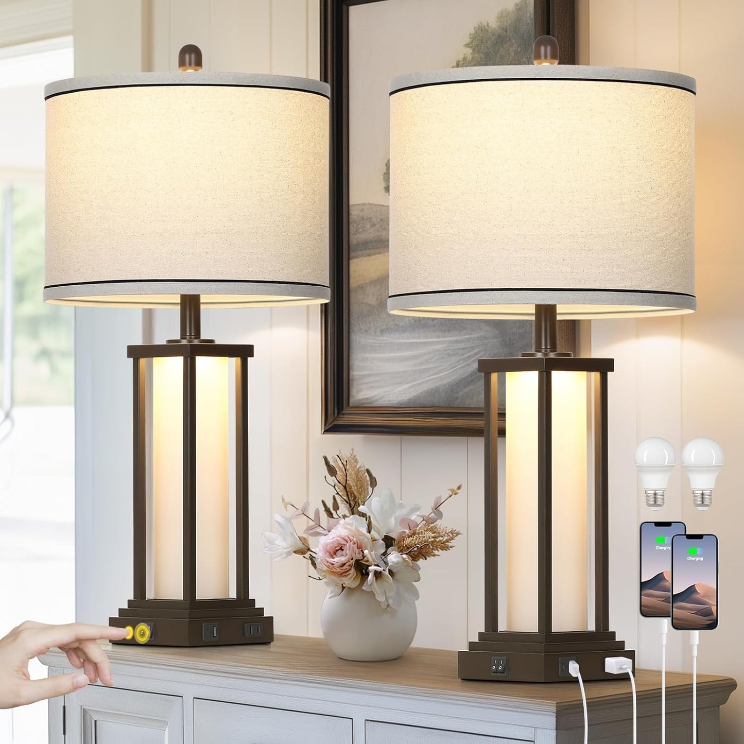 27" Tall Vintage Table Lamp Set of 2 with USB C+A & Outlet,Black Industrial End Table Lamp for Living Room,Farmhouse Rustic Bedside Lamps with Frosted Glass Night Light for Bedroom Nightstand,Black