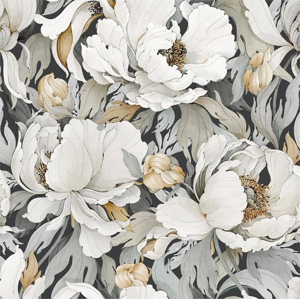 White Poppies Floral Modern Grey Peonies Flowers Peel and Stick Wallpaper Self Adhesive Removable Easy Peel Off Stick on Wall Paper for Bedroom Renter