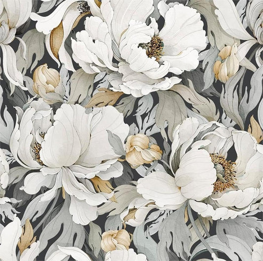 White Poppies Floral Modern Grey Peonies Flowers Peel and Stick Wallpaper Self Adhesive Removable Easy Peel Off Stick on Wall Paper for Bedroom Renter