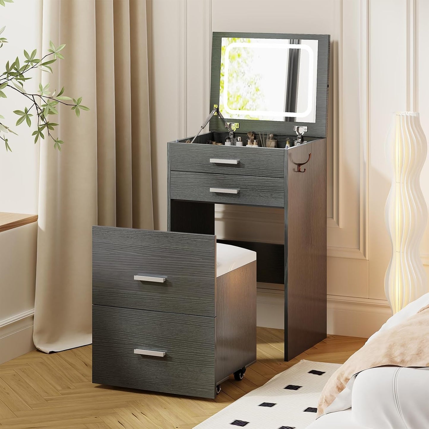 3 in 1 Vanity Desk, Compact Vanity with 3 Drawers, Makeup Desk with Flip-up 3 Colors Lighting Mirror and Cushioned Stool, Small Vanities Nightstand Perfect for Bedroom, White