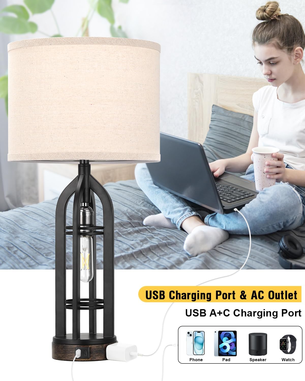 Seealle Table Lamps for Living Room Set of 2 - Black Bedside Lamp for Bedroom with USB C+A & Outlet, Farmhouse Lamps for Night Stands, 3-Way Dimmable Touch Lamps for Living Room with Oat Shade