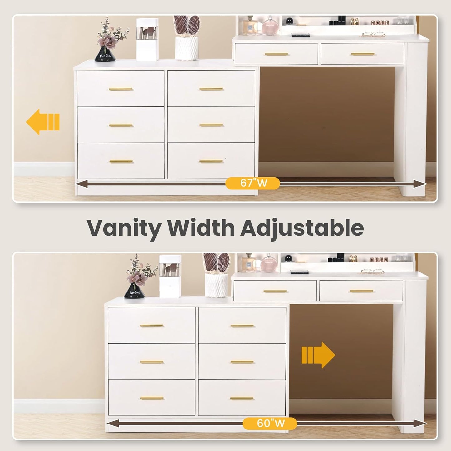 Pamapic 8 Drawers Makeup Vanity with Mirror and Lights, 15 Storage Vanity Desk with Power Outlet, Golden Handles Dresser with Mirror,Adjustable Width, White Dressing Table