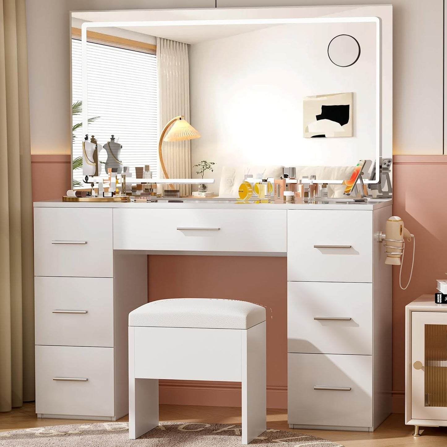 Makeup Vanity Desk with Power Outlet, 46'' Glass Top Vanity Set, 7 Drawers Vanity Table with Cushioned Stool, 3 Lighting Modes Brightness Adjustable,White