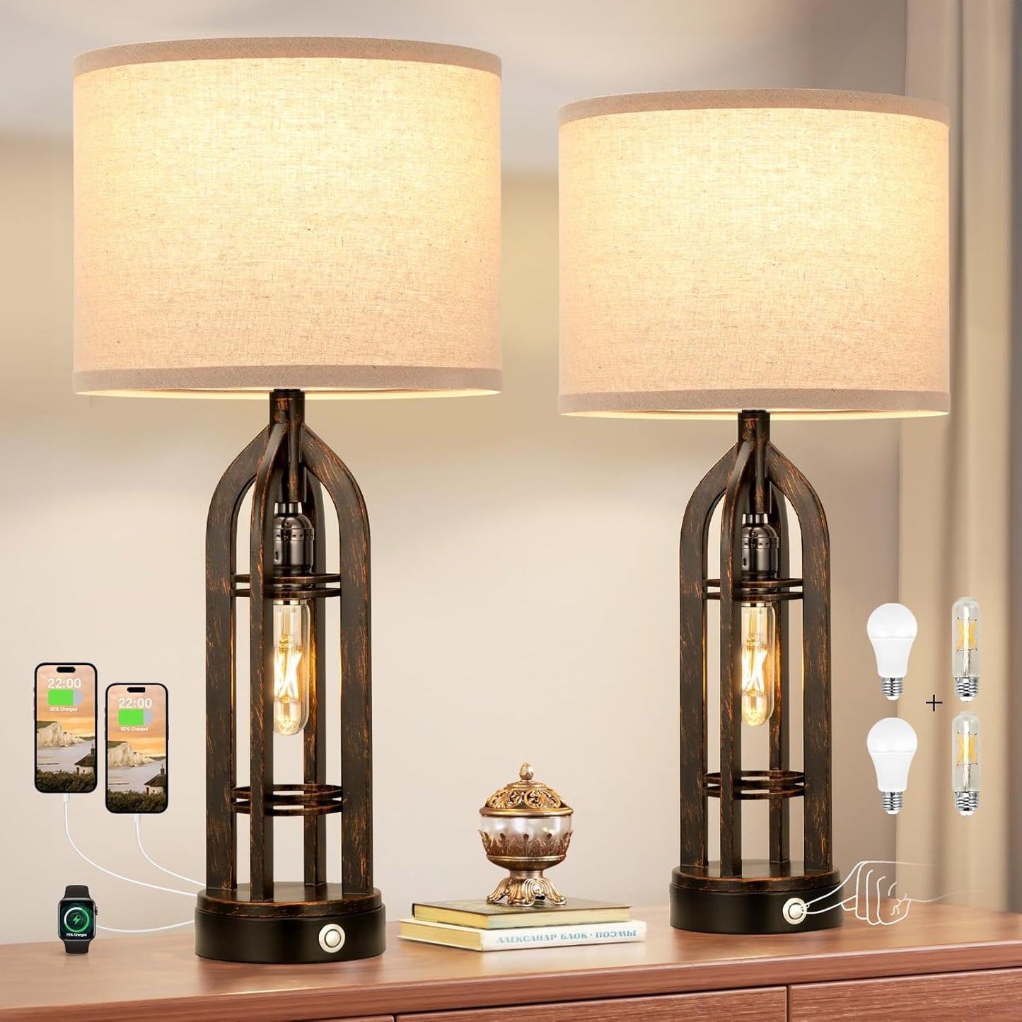 Seealle Table Lamps for Living Room Set of 2 - Black Bedside Lamp for Bedroom with USB C+A & Outlet, Farmhouse Lamps for Night Stands, 3-Way Dimmable Touch Lamps for Living Room with Oat Shade