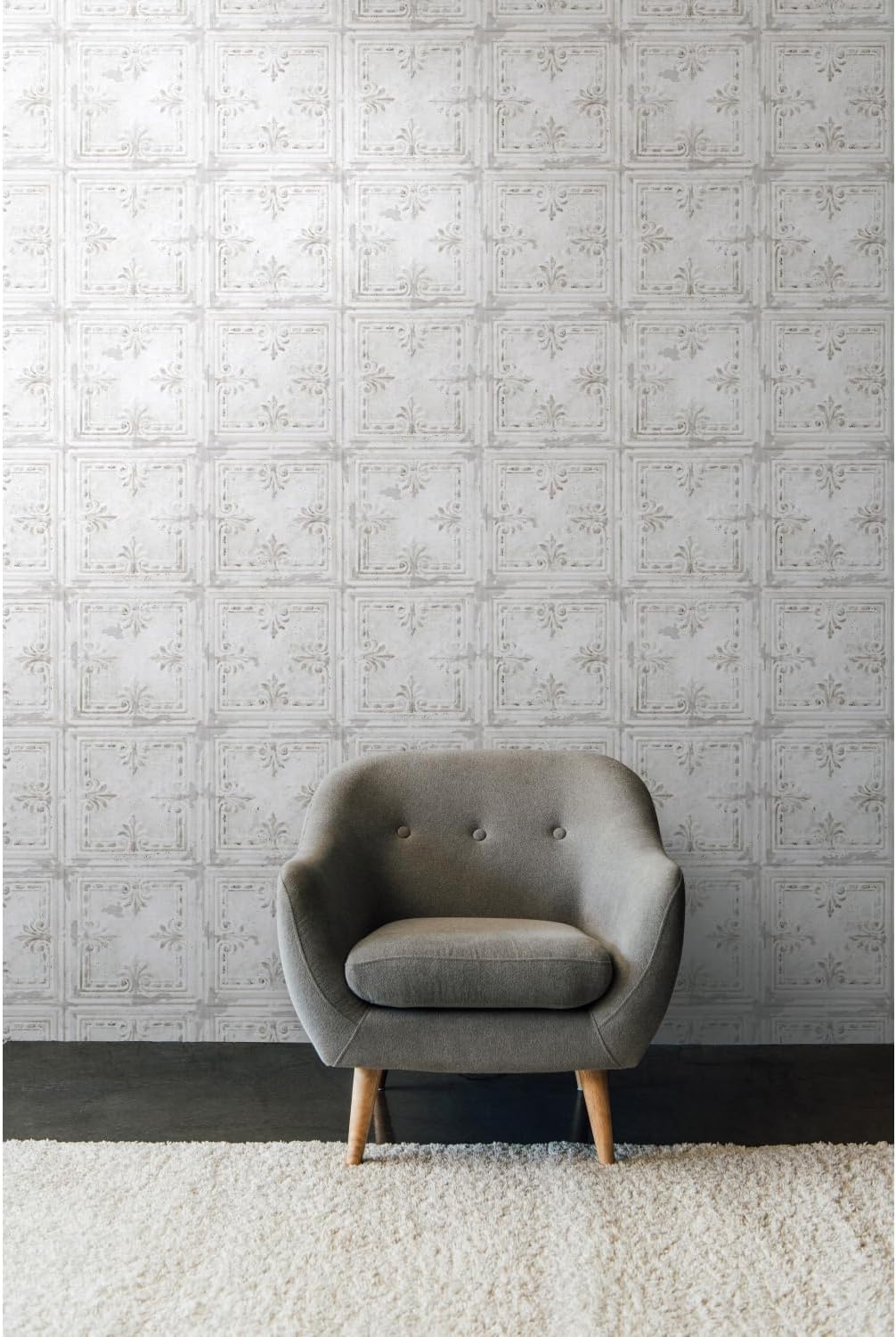 RoomMates RMK11209WP White Tin Tile Metallic Accent Peel and Stick Wallpaper