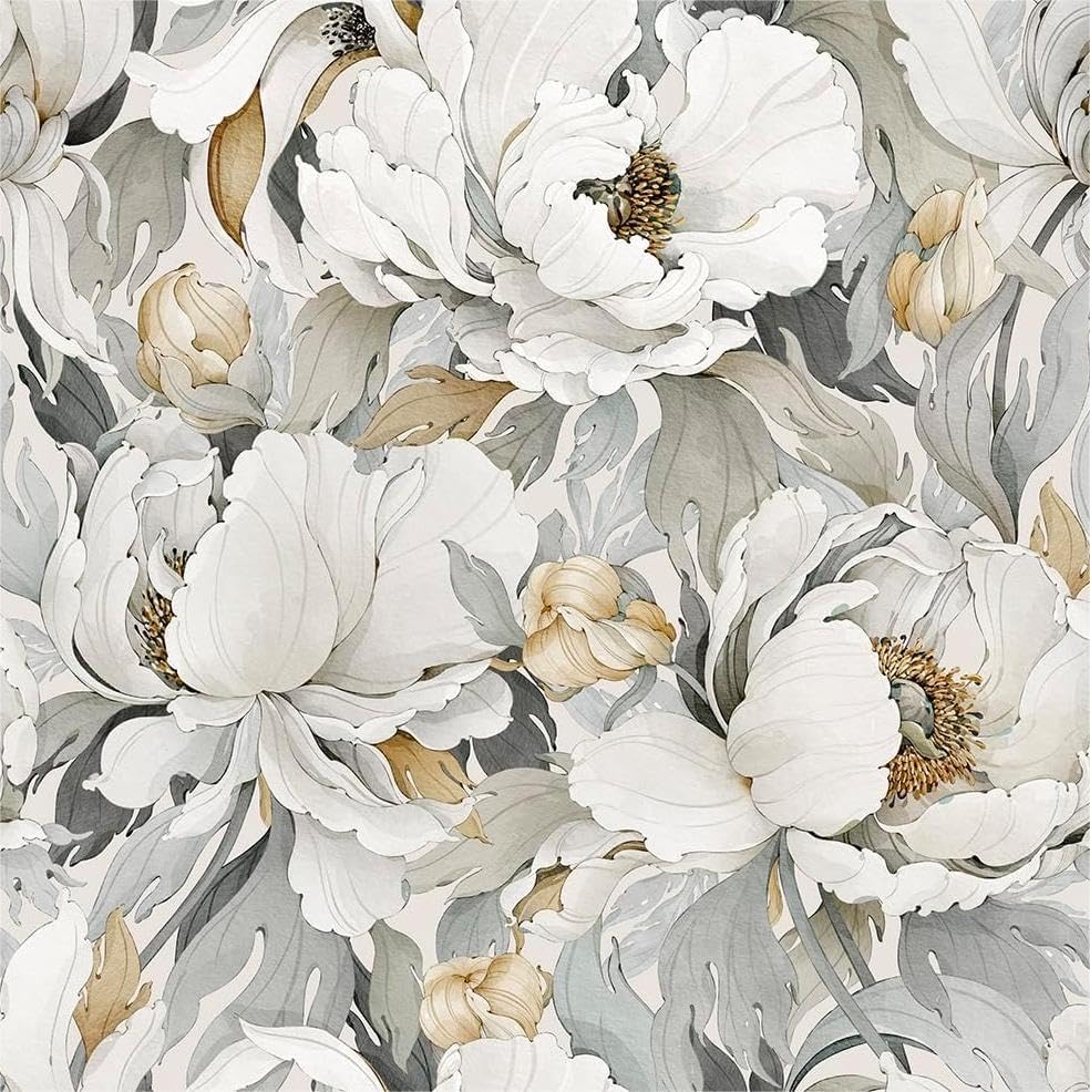 White Poppies Floral Modern Grey Peonies Flowers Peel and Stick Wallpaper Self Adhesive Removable Easy Peel Off Stick on Wall Paper for Bedroom Renter