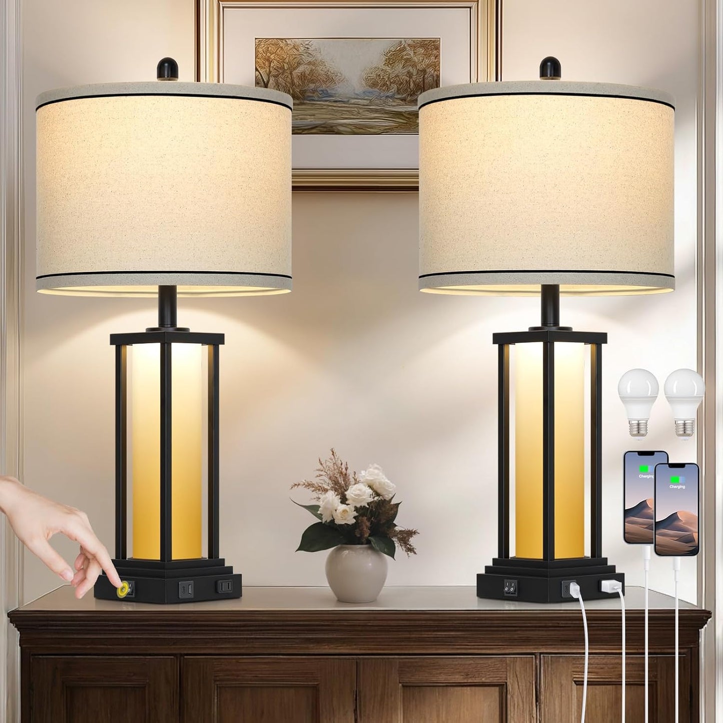 27" Tall Vintage Table Lamp Set of 2 with USB C+A & Outlet,Black Industrial End Table Lamp for Living Room,Farmhouse Rustic Bedside Lamps with Frosted Glass Night Light for Bedroom Nightstand,Black