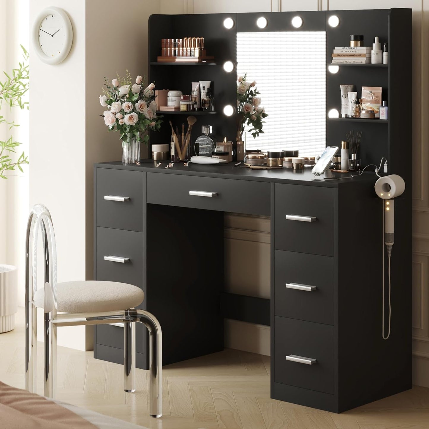 YESHOMY Vanity Desk with Mirror, Power Outlet and 10 Lights, Makeup Table with 7 Drawers, 3 Color Modes Available for Bedroom, White