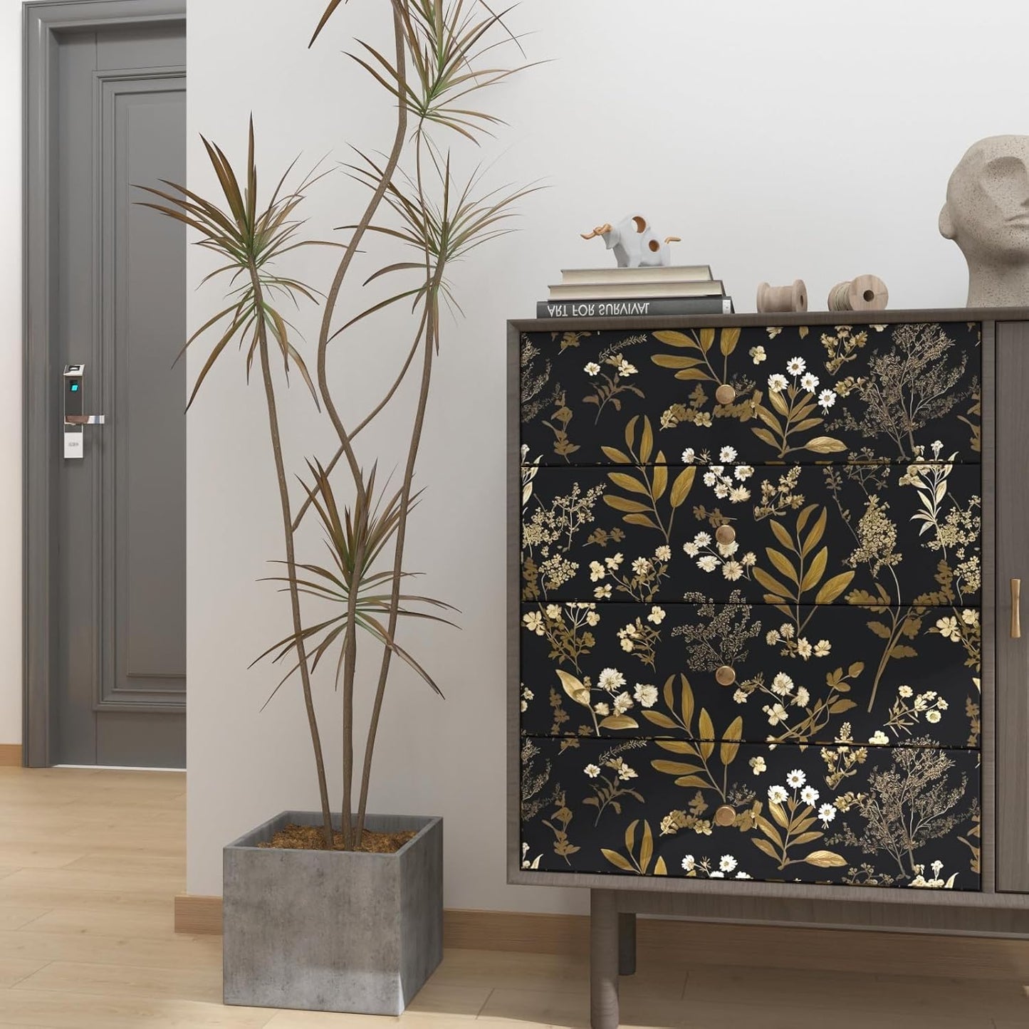 Dark Wallpaper Peel and Stick Black Floral Wallpaper 17.5'' x 393'' Gold Leaf Contact Paper Vinyl Waterproof Self Adhesive Boho Botanical Wall Paper for Bedroom Shlef Cabinet Décor