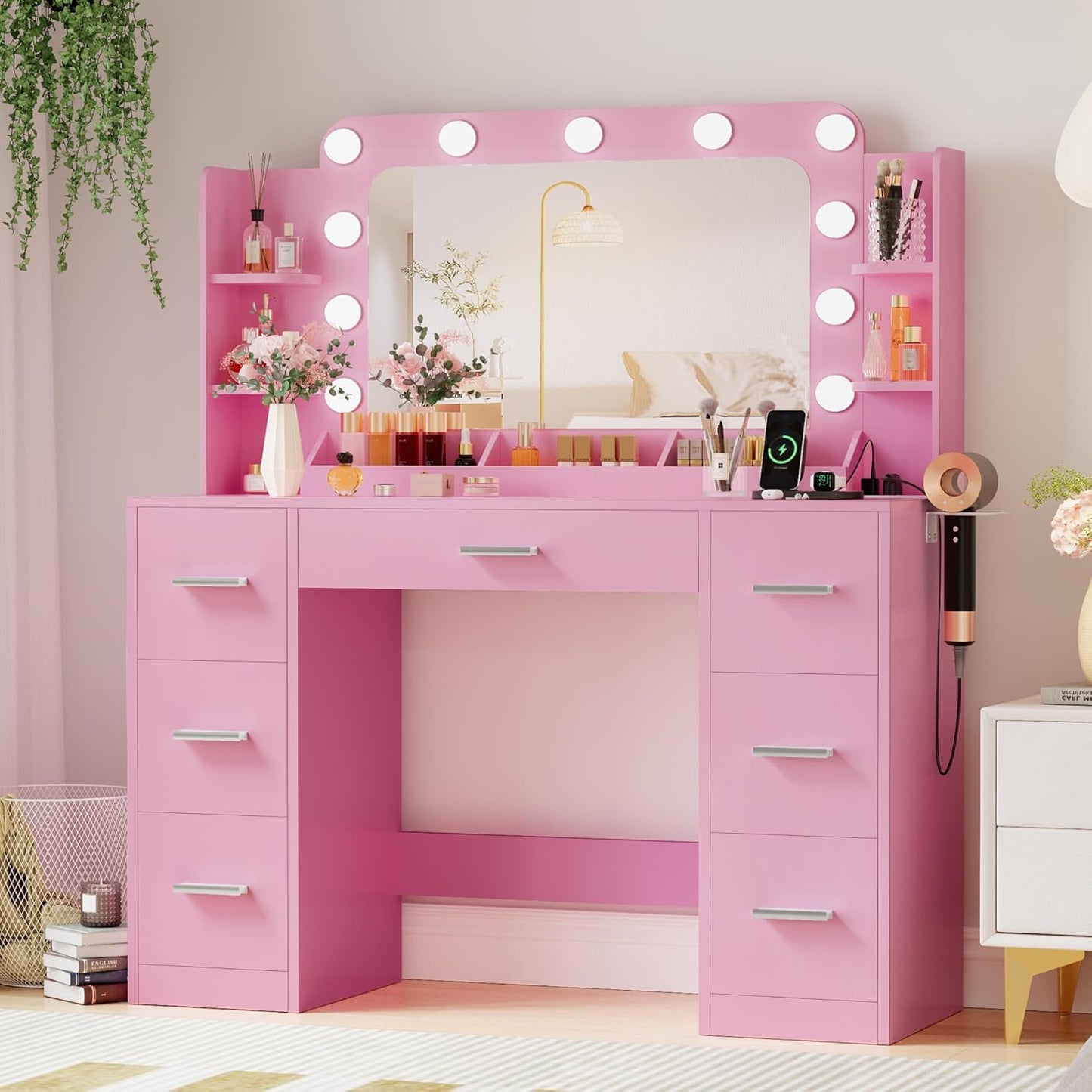 JUMMICO Makeup Vanity Desk with Large Mirror and Lights, Vanity with Power Strip and Hairdryer Holder, 6 Open Shelves and 7 Drawers Modern Dressing Table, for Bedroom (White)
