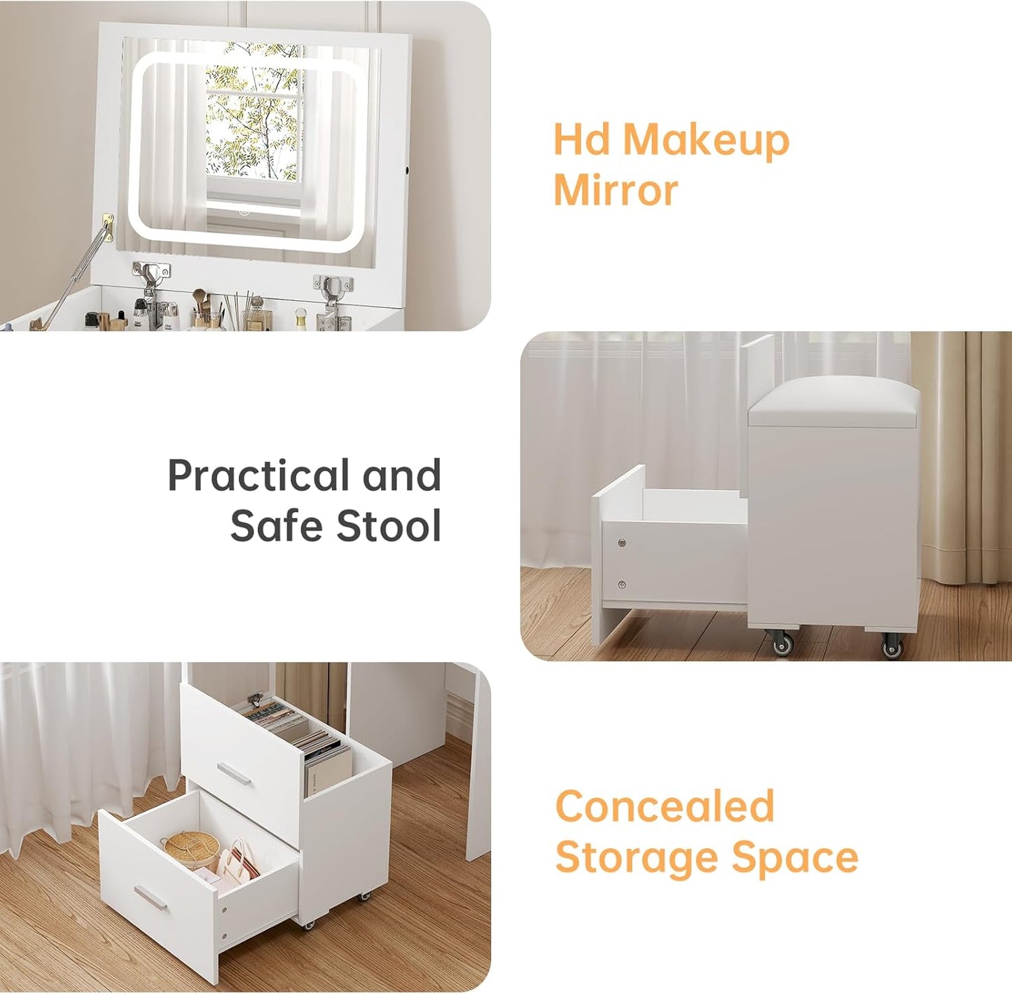 3 in 1 Vanity Desk, Compact Vanity with 3 Drawers, Makeup Desk with Flip-up 3 Colors Lighting Mirror and Cushioned Stool, Small Vanities Nightstand Perfect for Bedroom, White