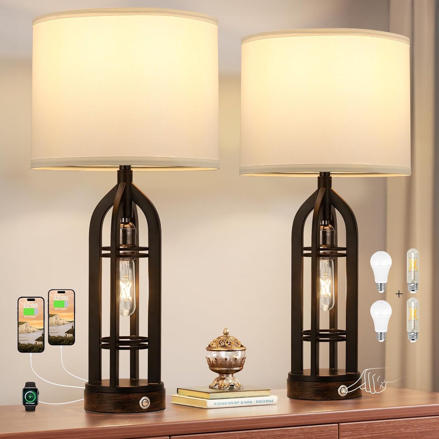 Seealle Table Lamps for Living Room Set of 2 - Black Bedside Lamp for Bedroom with USB C+A & Outlet, Farmhouse Lamps for Night Stands, 3-Way Dimmable Touch Lamps for Living Room with Oat Shade