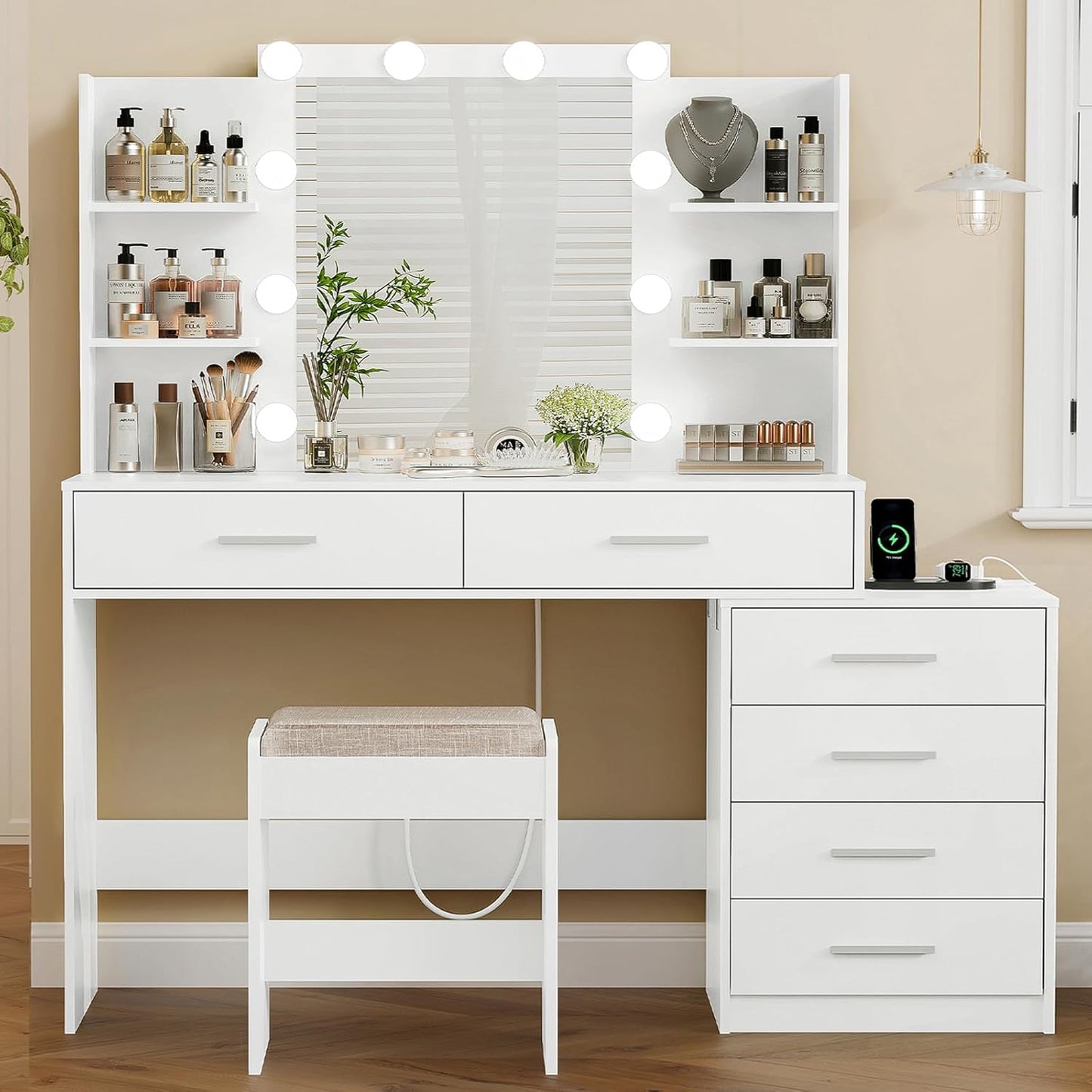 Quimoo Large Vanity Desk with LED Lighted Mirror & Power Outlet,Makeup Vanity Table with 7 Drawers,4 Shelves and 5 Hooks,Vanity Table, Vanity Desk Set for Bedroom,Bathroom,White
