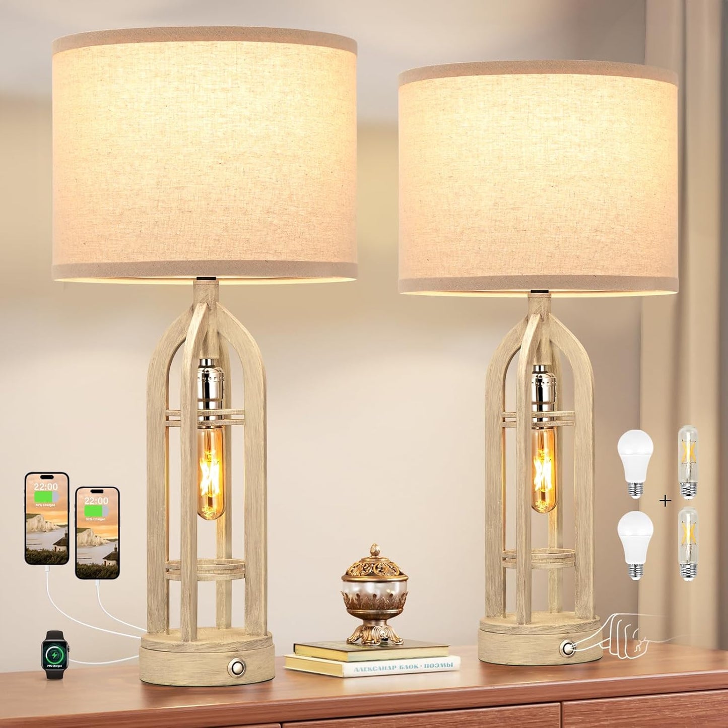 Seealle Table Lamps for Living Room Set of 2 - Black Bedside Lamp for Bedroom with USB C+A & Outlet, Farmhouse Lamps for Night Stands, 3-Way Dimmable Touch Lamps for Living Room with Oat Shade