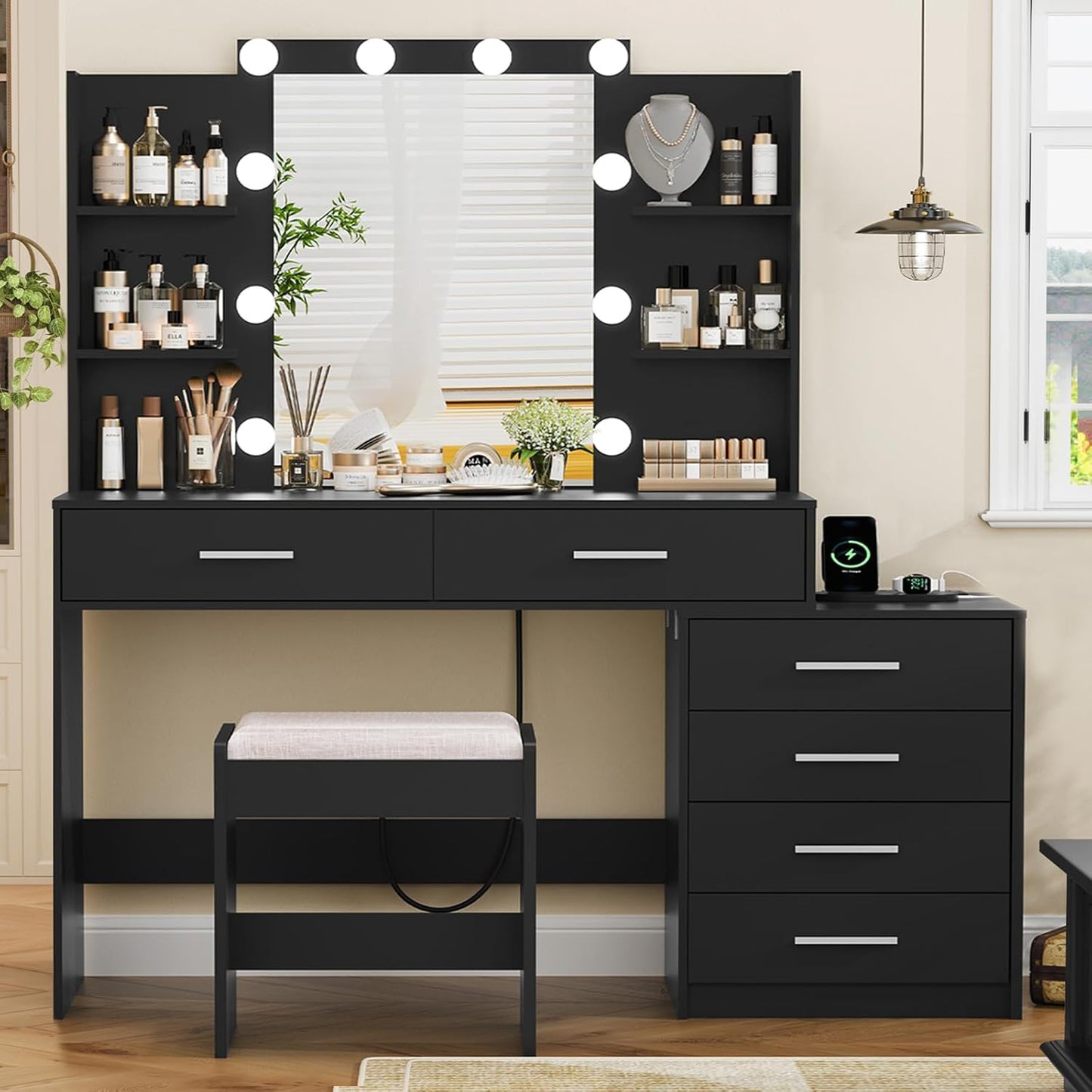 Quimoo Large Vanity Desk with LED Lighted Mirror & Power Outlet,Makeup Vanity Table with 7 Drawers,4 Shelves and 5 Hooks,Vanity Table, Vanity Desk Set for Bedroom,Bathroom,White