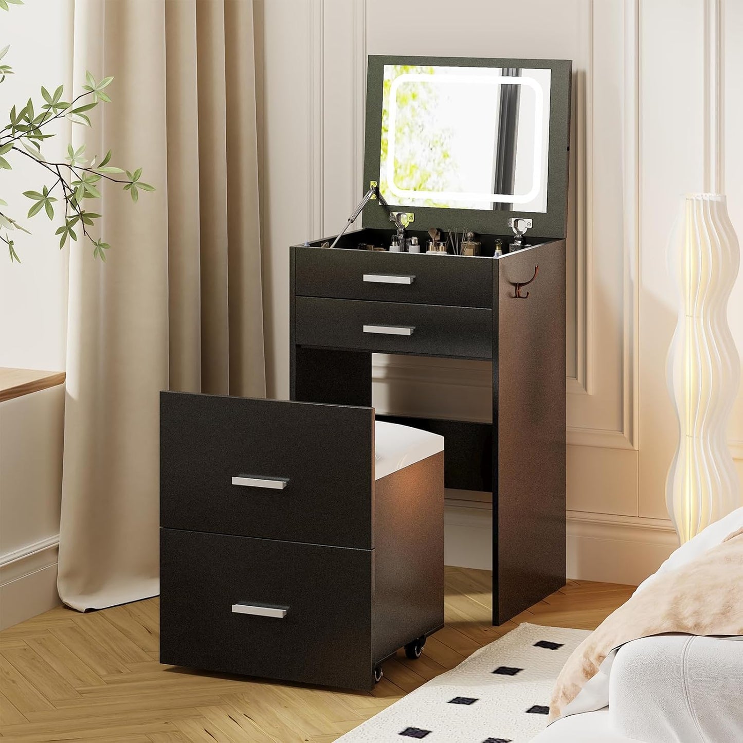 3 in 1 Vanity Desk, Compact Vanity with 3 Drawers, Makeup Desk with Flip-up 3 Colors Lighting Mirror and Cushioned Stool, Small Vanities Nightstand Perfect for Bedroom, White
