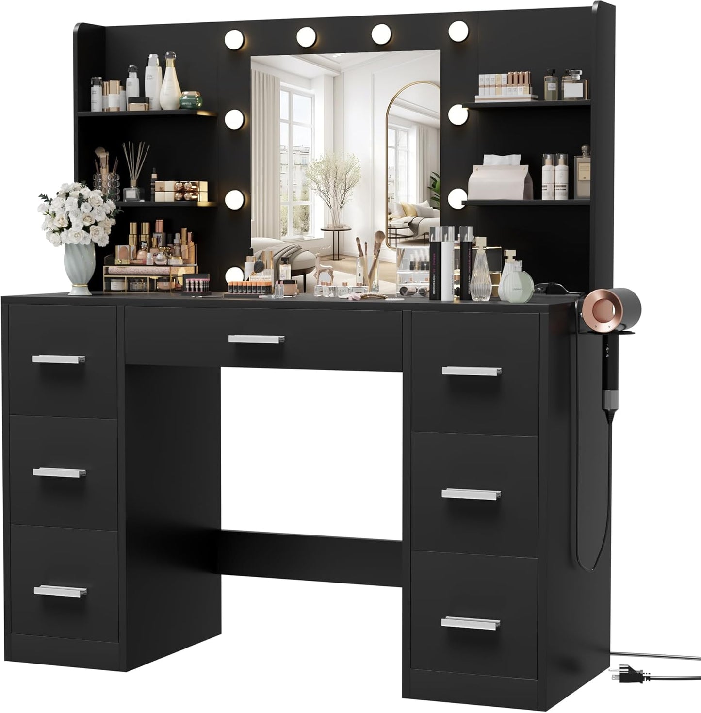 Furmax Vanity Desk with Mirror, LED Lights and Power Outlet Makeup Vanity Table with 7 Drawers and 6 Storage Shelves Dressing Table for Bedroom Dressing Room (White)